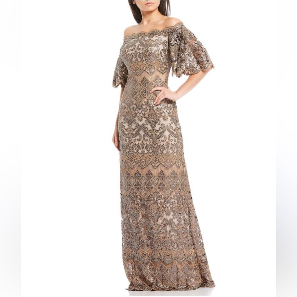 Tadashi Shoji 14 Sequin Off The Shoulder Gown Dress Scalloped Hem Flutter Sleeve
